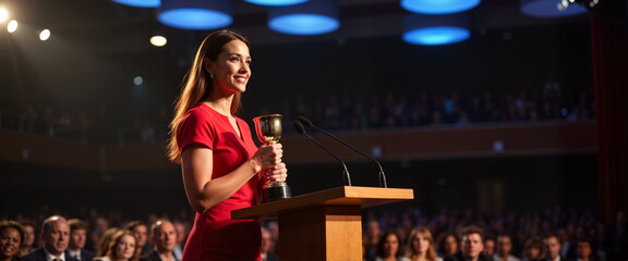 Confident woman receiving award at podium, celebrating achievements