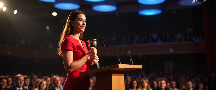 Confident woman receiving award at podium, celebrating achievements