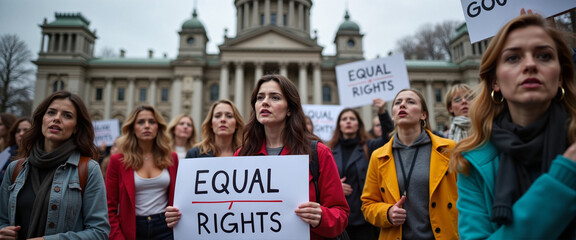 Diverse women chanting "Equal Rights" at feminist rally, social justice