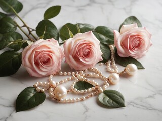 Pink roses and pearl necklace on marble surface.