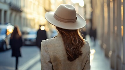 Obraz premium Stylish Woman in Beige Hat Walking Down a Sunlit City Street