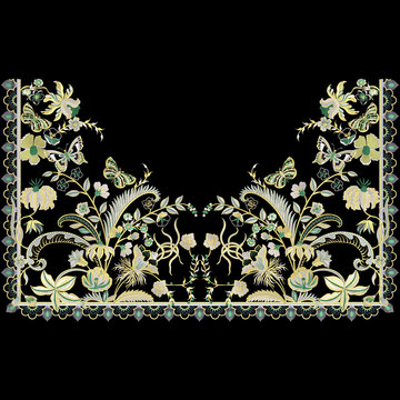 Indian mughal artwork embroidery daman border design for digital and textile print on fabric for trendy women wear illustration.