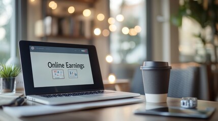 Creative Workspace with Laptop and Coffee Cup in Modern Setting for Online Earnings and Productivity
