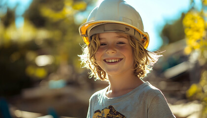 Smiling builder in hard hat working at a construction site, radiating positivity