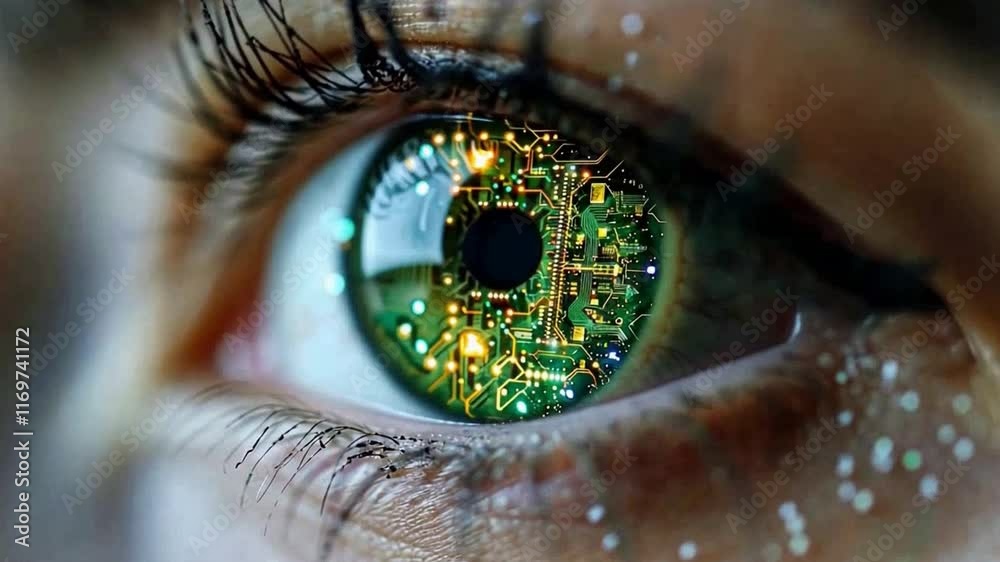 Aufkleber This captivating close-up features an eye with a mesmerizing view of vivid circuit designs. The blend of technology and human features creates a striking visual that emphasizes innovation.