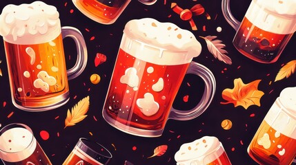 A lively beer festival poster featuring vibrant illustrations of beer mugs, frothy brews, and festive elements, perfect for promoting a drinks celebration.