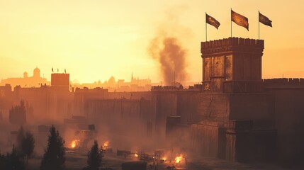 Scenic Sunrise Behind Historic Fortress with Flagged Towers