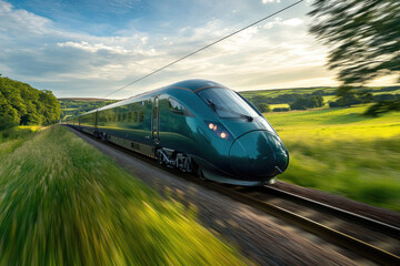 Fototapeta premium A sleek, dark-green high-speed train speeds through a picturesque countryside, showcasing modern rail travel.