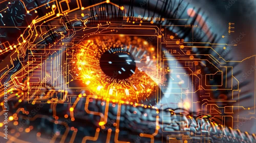 Leinwandbilder A close-up view reveals a mesmerizing eye infused with glowing circuits and intricate patterns. The combination of organic and technological elements symbolizes the fusion of humanity and AI.