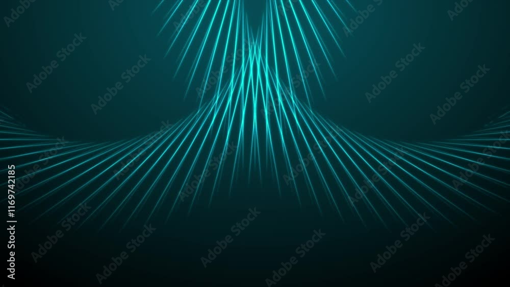 Poster abstract glowing blue laser rays with highlights on dark space background. seamless looping futurist