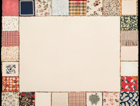 Cream-colored quilt with a patchwork border of various floral and plaid fabrics. A rustic and charming textile art piece.