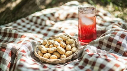 Refreshing Drink and Peanuts on a Picnic Blanket in Nature