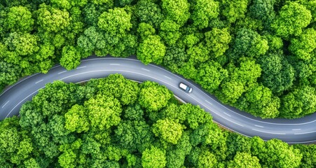 Aerial top view of a car driving on the road in a green forest, a nature landscape background . A bird's-eye view or drone shot from above, showing an asphalted, curved highway through a dense, tropic