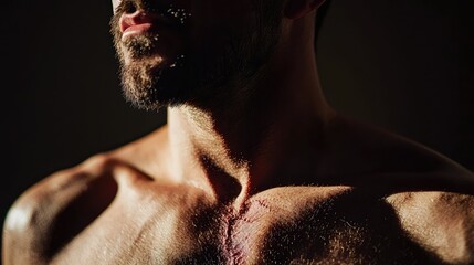Naklejka premium Intense Close-Up of Male Chest Featuring Prominent Scars and Shadows