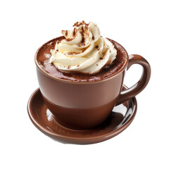 Cup of dark hot chocolate topped with whipped cream isolated on translated background.