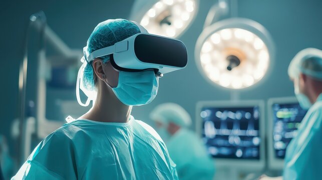 A medical professional surgeon wearing a virtual reality headset in an operating theatre, integrating advanced technology into surgical procedures for enhanced precision and visualization.