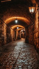 Atmospheric Cobblestone Alleyway with Warm Lantern Light Glow