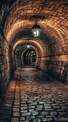 Fototapeta premium Mysterious Cobblestone Tunnel with Antique Lanterns Glowing Softly