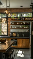 Naklejka premium Modern Kitchen Interior with Brick Wall and Stylish Decor Elements