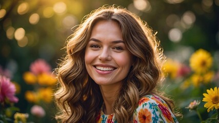 Fototapeta premium Cheerful woman poses amid vibrant flowers in a sunlit garden, showcasing the beauty of nature and joy in a serene outdoor setting filled with warmth