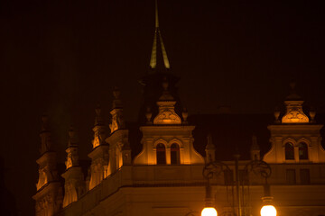 A captivating nighttime image showcases a historic buildings rooftop, revealing intricate architectural details that enhance its charm