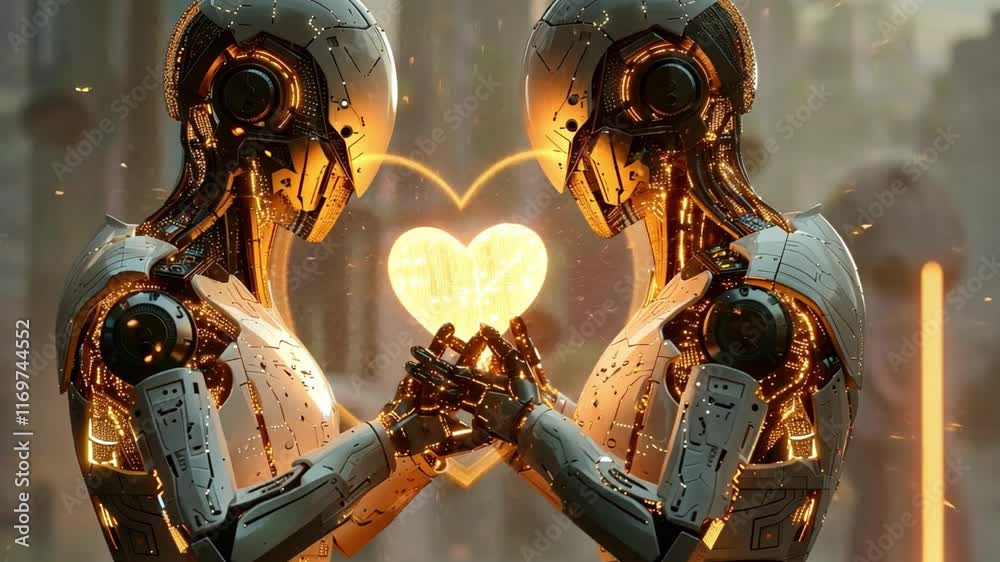 Poster Two futuristic robots stand facing each other, their hands forming a heart shape with a glowing core.