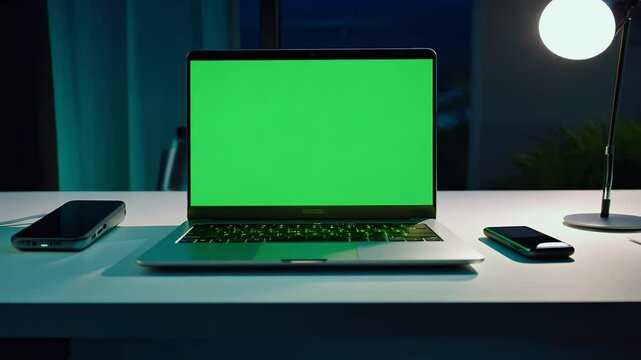 high tech green screen laptop setup desk night showcasing workspace optimized remote tasks darkened environment