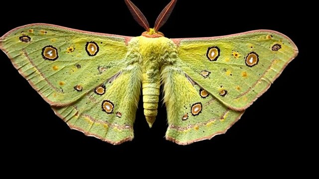 Colorful luna moth displaying delicate patterns and vibrant hues against a black background