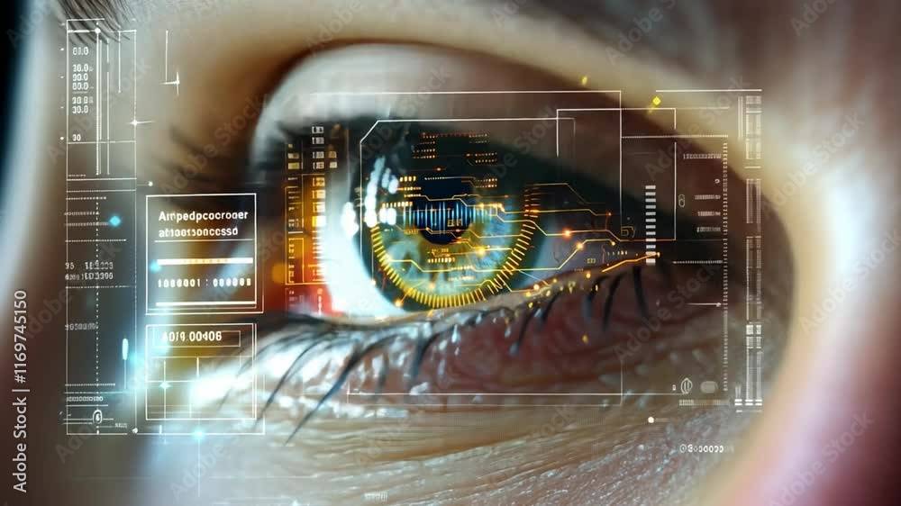 Poster An artistic representation highlights the intricate details of an eye infused with advanced circuit designs and artificial intelligence elements.