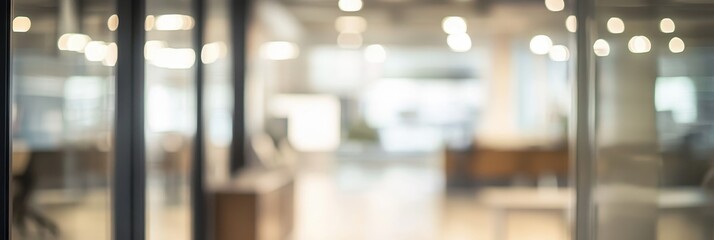 blurred office interior, glass partition, bokeh lights, modern workspace, out of focus background, corporate environment, soft lighting, minimalist design, clean aesthetic, professional setting, refle