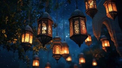 Obraz premium 3D rendering of illuminated Arabic lanterns hanging in the night sky with a starry background for the Ramadan Kareem festival concept.