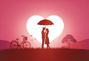 Couple kissing under umbrella with heart shape sunset background