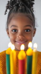Young girl joyfully lighting kwanzaa kinara candles for celebration and tradition