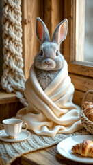 Sweet AI-generated bunny enjoying tea from a little cup on a wooden table. A croissant rests nearby, bringing cute and cozy tea-time vibes to life.