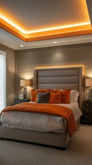 Cozy Modern Bedroom with Stylish Orange Accents and Soft Lighting