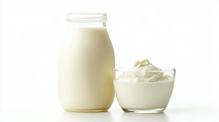 Close up of fresh cream bottle and glass for dairy product design