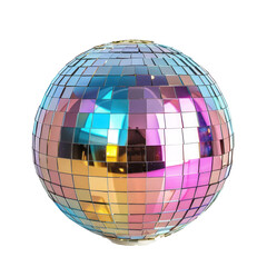 Shiny disco ball reflecting colorful light.