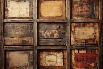 Rustic wooden wall with vintage signage panels