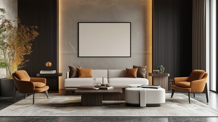 Laptop with an empty blank screen placed on a desk in a modern living room ideal for online work or study.