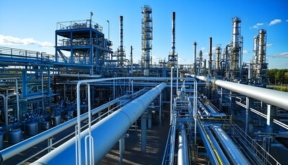 Steel pipelines transporting petrochemicals, gas, and oil in an industrial processing plant