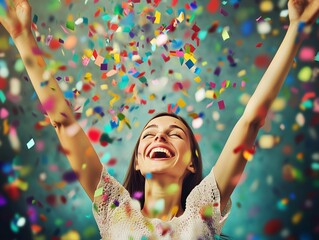 Happy woman celebrating at a party confetti falling around her as she enjoys a special occasion.