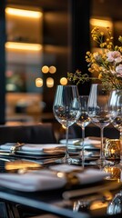 Elegant Dining Table Setup with Floral Centerpiece and Glassware
