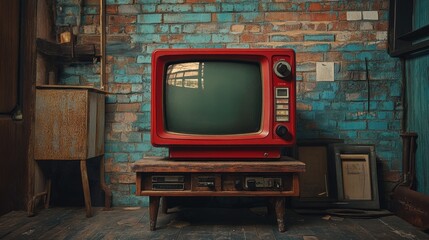Retro television on wooden stand, vintage decor with blue brick wall background, nostalgic living room, retro technology concept