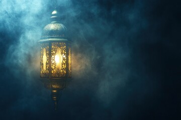 Fototapeta premium A glowing Arabic lantern with smoke on a dark blue background for a Ramadan Kareem or Islamic New Year greeting card, with copy space for a mockup. 
