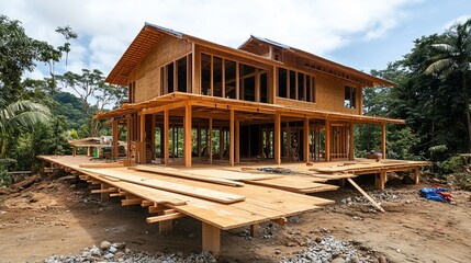 Obraz premium Unfinished two-story wood frame house under construction in a tropical setting.