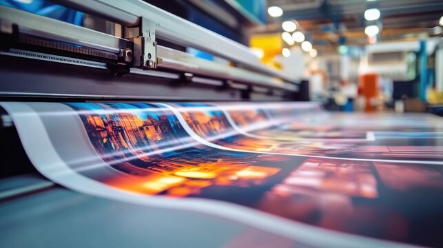 Vibrant color print on large format digital printing machine in professional print shop, showcasing modern printing technology concept