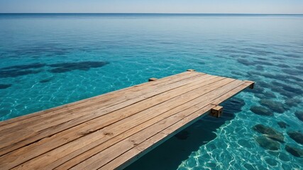 Fototapeta premium Tranquil wooden dock extending over crystal clear turquoise waters, creating a serene beach scene perfect for relaxation and reflection.