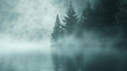 Fototapeta premium Misty Morning Landscape with Pine Trees and Calm Water Reflection