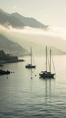 Tranquil Morning at a Quiet Harbor with Sailboats and Misty Mountains