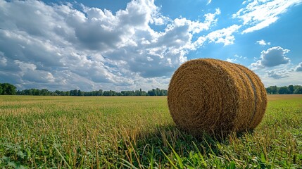 Single hay bale in harvested field under a partly cloudy sky.